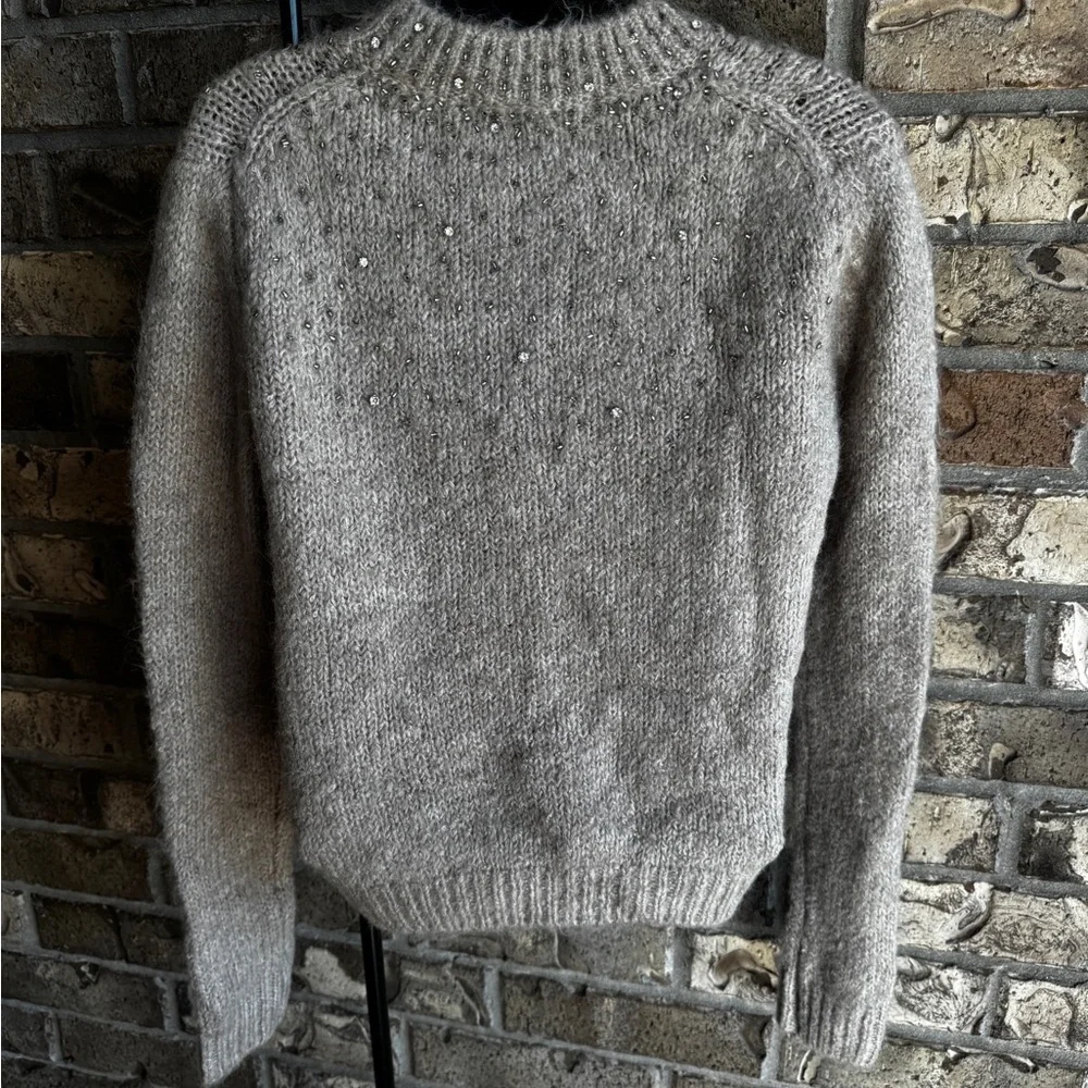 ZARA Beige Gray Rhinestone Knit Sweater Size S Wool Blend NWT
